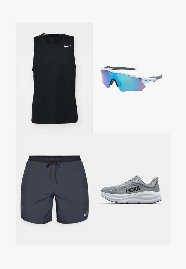 Camiseta atlética sin mangas de color negro, hecha de tela suave. Presenta un logo blanco de Nike en la parte superior izquierda. Escote redondo con un diseño sin etiqueta.; Pantalones cortos de running de Nike en gris oscuro, con una cintura elástica y un cordón de ajuste, además de un acento del logo plateado en la parte inferior de la pierna derecha.; Zapatilla deportiva gris con parte superior de malla, marca HOKA, plantilla acolchada y suela de goma. Presenta un diseño curvado y detalles texturizados.; Gafas de sol con montura blanca, detalles grises y lentes espejados azules. Diseño deportivo, forma envolvente y almohadillas para la nariz ajustables.