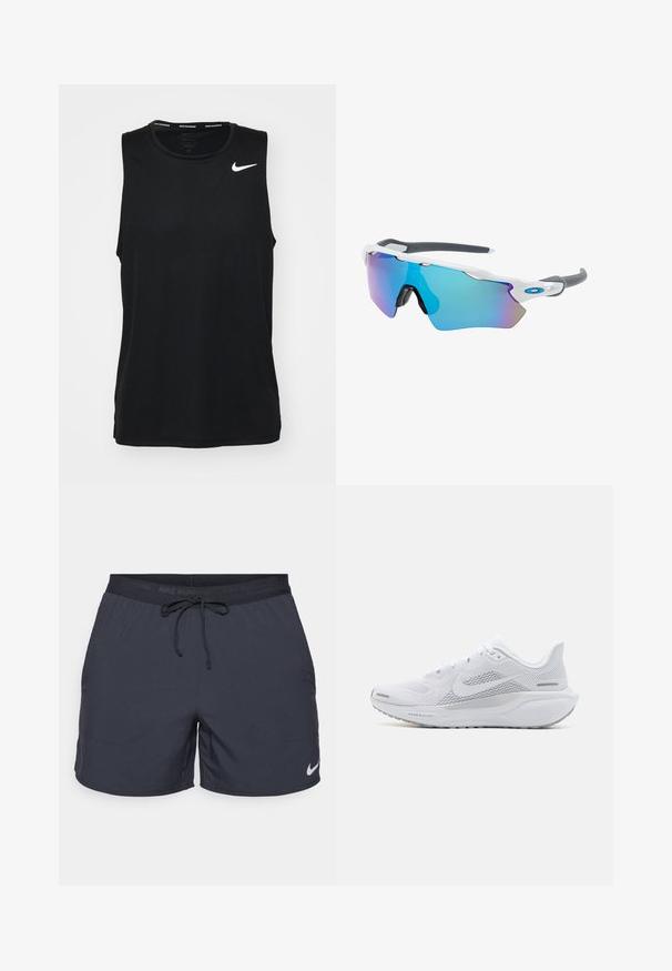 Schwarzes, ärmelloses Sport-Tanktop aus glattem Stoff. Mit einem weißen Nike-Logo auf der oberen linken Seite. Rundhalsausschnitt und tagloses Design.; Nike Laufshorts in Dunkelgrau, elastischer Bund mit Kordelzug, seitliche Taschen, leichtes Material, mit einem weißen Nike-Logo am unteren Saum.; Weißer Sportschuh mit einem Obermaterial aus Mesh, glatten Überzügen, grauen Akzenten, Schnürsenkeln und einer gepolsterten Sohle, die für Leistung ausgelegt ist.; Sonnenbrille mit einem weißen Rahmen, grauen Akzenten und blauen Spiegellinsen. Sportliches Design, umschließende Form und verstellbare Nasenpads.