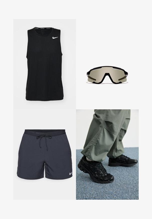 Schwarzes, ärmelloses Sport-Tanktop aus glattem Stoff. Mit einem weißen Nike-Logo auf der oberen linken Seite. Rundhalsausschnitt und tagloses Design.; Nike Laufshorts in Dunkelgrau, elastischer Bund mit Kordelzug, seitliche Taschen, leichtes Material, mit einem weißen Nike-Logo am unteren Saum.; Schwarze Sport-Sneaker mit glänzenden und Netztexturen, ausgestattet mit einer dicken Sohle und Schnürsenkeln, kombiniert mit lässigen, olivgrünen Cargo-Hosen.; Schwarze sportliche Sonnenbrille mit großen, überlappenden, grün getönten Gläsern, die ein kantiges Design und klare seitliche Akzente aufweisen. Markenlogo oben sichtbar.