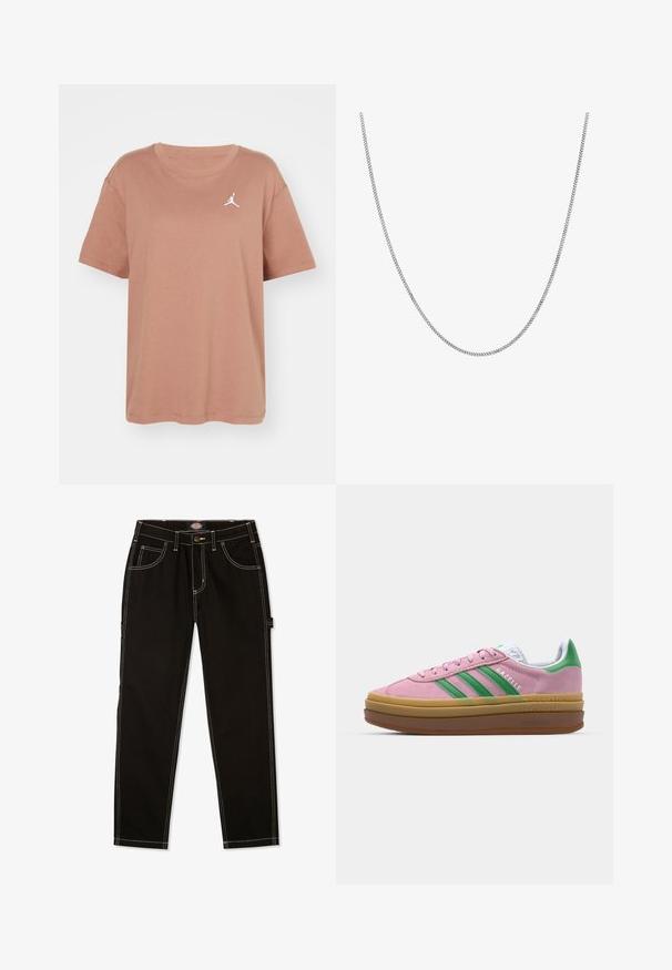 Jordan TEE - Základné tričko - archaeo brown/(white); Čierne denimové nohavice s kontrastným bielym šitím, piatimi vreckami a tenkou páskou na boku. Štandardný strih, rovný strih nohavíc.; Ružové semišové tenisky so zelenými pruhmi, bielymi akcentmi a hnedou gumovou podrážkou. Obsahujú textúrovanú tkaninu a logo na boku.; Strieborný reťazový náhrdelník s hladkým, zaobleným plochým štýlom. Má lesklý povrch a meria približne 20 palcov na dĺžku.