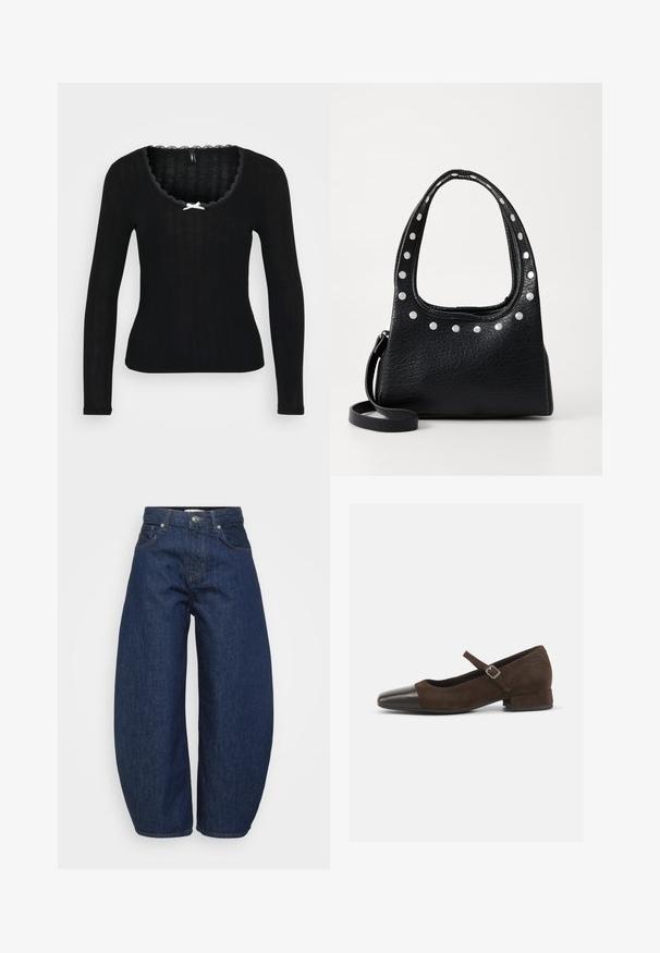 Black long-sleeve top with ribbed texture, scalloped neckline, and a small white bow detail at the center front.; Dark blue denim jeans with a wide, relaxed fit. Features a zip fly, four pockets, and contrasting stitching along seams.; Brown suede Mary Jane shoe with a black patent leather toe cap, adjustable strap, and a low block heel. Smooth texture with minimal accents.; Black textured leather handbag with silver studs along the top edge and handles, featuring a short handle and a detachable strap.; Silver hoop earring with a polished finish, featuring small gold accent details and a round shape, worn on the lobe.