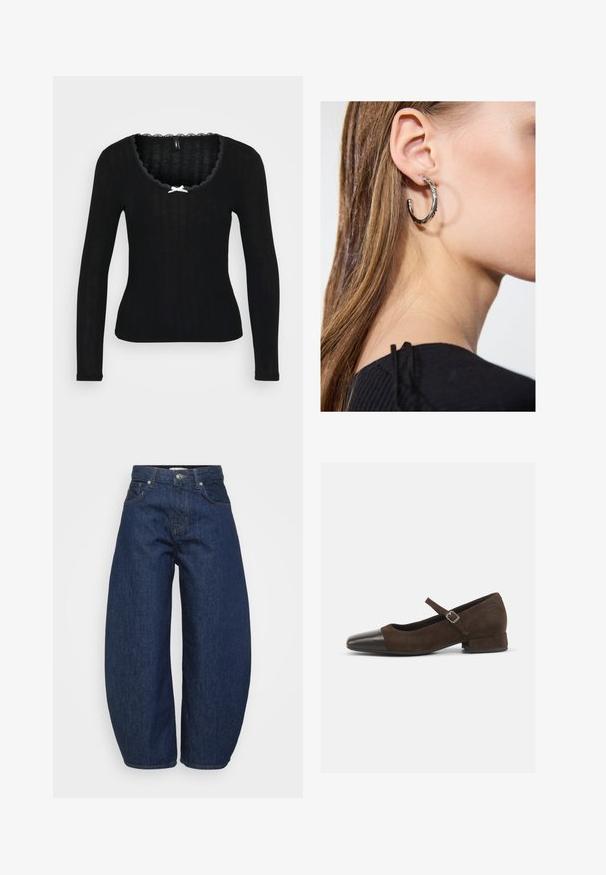 Schwarzes langärmliges Oberteil mit gerippter Textur, gewelltem Halsausschnitt und einem kleinen weißen Schleifchen in der Mitte vorne.; Hochtaillierte dunkelblaue Denim-Jeans mit weitem Bein, Knopf- und Reißverschluss vorne sowie klassischem Fünf-Taschen-Design.; Braune Wildleder-Mary-Jane-Schuhe mit einer schwarzen Lackleder-Zehenspitze, verstellbarem Riemen und einem niedrigen Blockabsatz. Glatte Textur mit minimalen Akzenten.; Silberne Creolen mit polierter Oberfläche, die kleine goldene Akzentdetails und eine runde Form aufweisen, am Ohrläppchen getragen.
