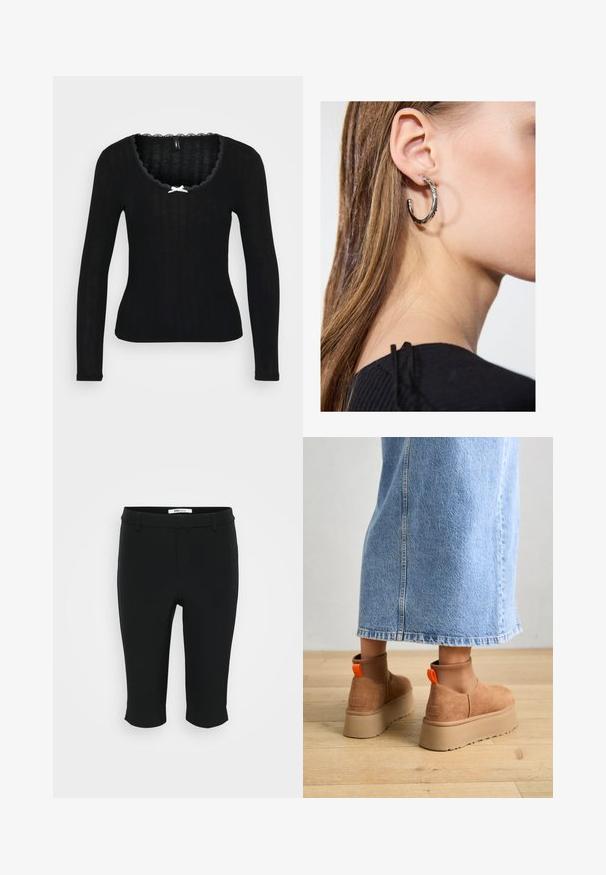 Crna majica dugih rukava s rebrastom teksturom, izrezom u obliku školjke i malim bijelim mašnom u središnjem dijelu.; Crne kapri hlače izrađene su od glatkog materijala. Imaju ravni prednji dio s petljama za pojas i skraćeni rub. Jednostavan dizajn bez vidljivih uzoraka.; Smeđe suede platform čizme s elastičnim bočnim panelima i narančastim vučnim trakama, uparenim s suknjom od svijetlog denima do koljena na drvenom podu.; Srebrna kružna naušnica s poliranim završetkom, koja ima male zlatne detalje i okrugli oblik, nošena na uhu.