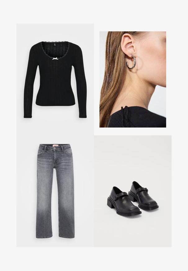 Fekete, hosszú ujjú felső, bordázott textúrával, fodros nyakkivágással és egy kis fehér masnival az elülső középen.; Szürke farmernadrág egyenes szárú dizájnnal, öt zsebes stílussal, enyhe kopással, és gombos derékzárral.; Fekete bőr cipők lekerekített orral, lapos talppal és csattal díszített pánttal. Masszív blokk talp a megnövelt stabilitásért.; Ez egy ezüst fülbevaló, sima felülettel, amelyen apró arany díszítőelemek találhatók. Kerek formájú és a fülcimpán viselik.