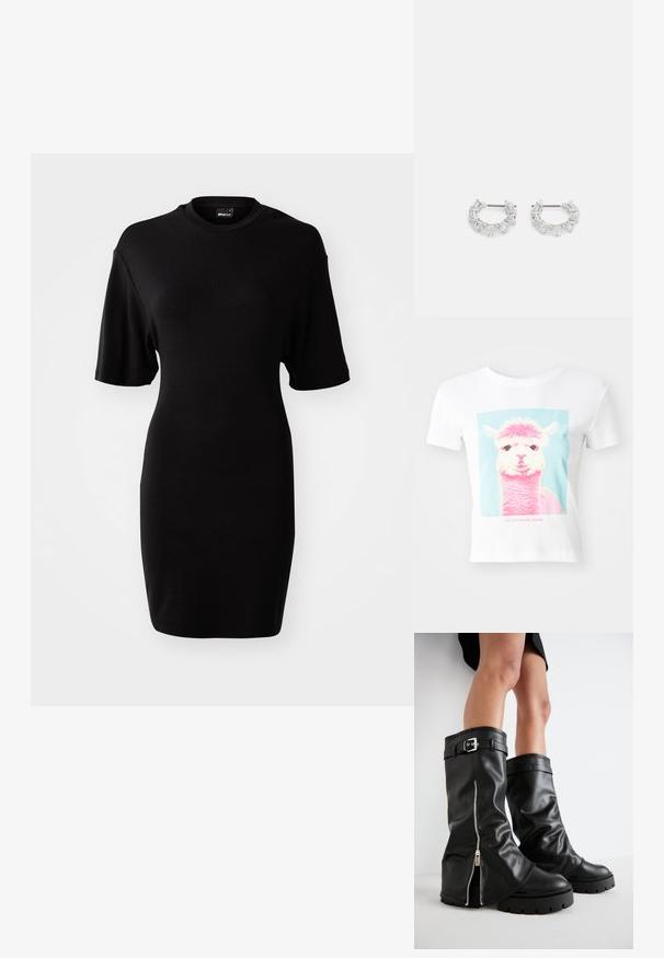 Bijela majica s grafikom lamine u ružičastoj i plavoj boji, s natpisom "Ova lama ne želi vašu dramu" ispod.; Crna haljina kratkih rukava od mekanog materijala. Ima okrugli izrez i prilagođeni kroj s dužinom do koljena.; Crne kožne čizme do koljena s širokim okovratnikom, s bočnim zatvaračem i detaljem od kopče, teksturiranom završnom obradom i debelim gumenenim potplatom.; Crna platnena torba s teksturiranim, kviltanim uzorkom. Okrugli oblik, kratke, debele ručke i meka, fleksibilna struktura.; Srebrne naušnice s okruglom petljom koje sadrže prozirne, pravokutne i trokutaste kristale raspoređene u uzorak. Kopče za sigurno pričvršćivanje.