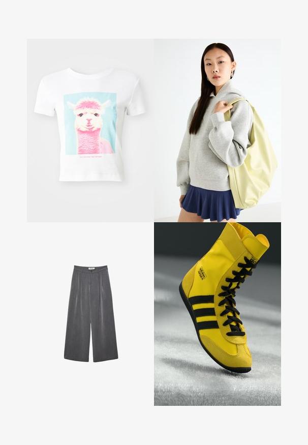Biely tričko s grafikou tváre ružovo-modrého lamy s textom "Toto lama nechce tvoju drámu" pod ním.; Záhybové nohavice s širokými nohavicami v tmavosivej látke s jemnou štruktúrou. Obsahujú zapínanie na gombík a klasický dizajn pásu.; Vysoké tenisky vyrobené zo žltého syntetického materiálu, so zosilnenými čiernymi šnúrkami, tromi čiernymi pruhmi a logom na boku. Kvalitná gumová podrážka.; Sivá oversized mikina s klokanským vreckom, skombinovaná s námorníckou rozšírenou sukňou. Doplnok: veľký svetložltý batoh s hladkým povrchom.