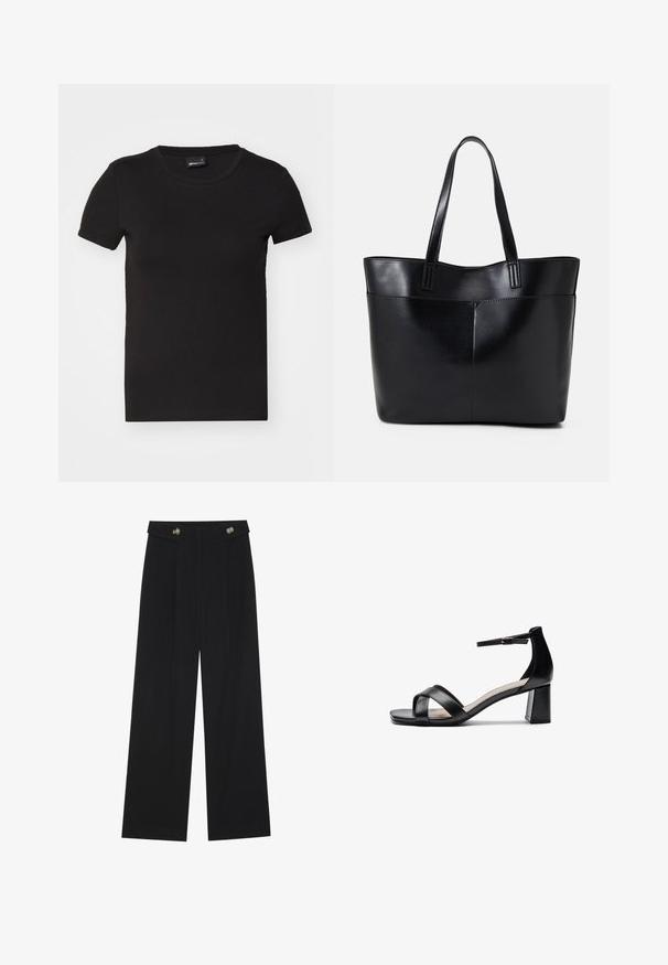 Svart kortermet t-skjorte laget av glatt bomull. Har en rund halslinning og en figursydd design, uten synlige mønstre eller grafikk.; Svart vide bukser med høy midje, knappdetaljer på midjebåndet og frontplisser.; Sorte åpen tå hælsandal med kryssede stropper, justerbar ankelstropp og kraftig hæl, med en jevn lærtekstur.; Svart lær toteveske med to lange håndtak, en glatt tekstur og en strukturert form. Har en frontlomme for ekstra oppbevaring.
