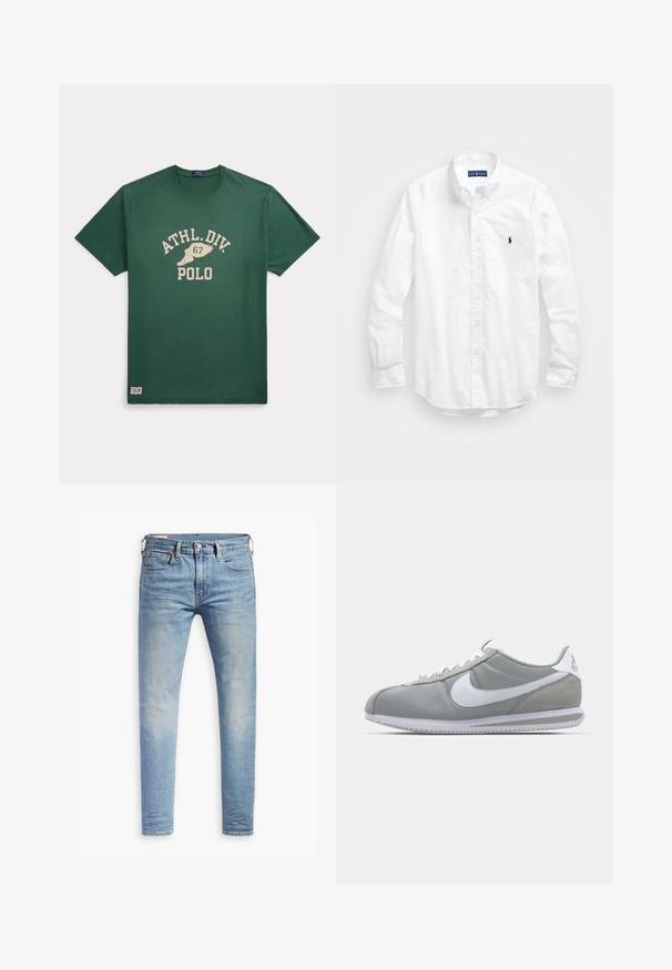 Zielona bawełniana koszulka z okrągłym dekoltem, krótkimi rękawami i nadrukowaną grafiką z napisem "ATHL.DIV. 67" oraz "POLO" w beżowym kolorze.; Biała, bawełniana koszula z długim rękawem zapinana na guziki. Posiada klasyczny kołnierzyk, mankiety zapinane na guziki oraz małe, granatowe, haftowane logo na klatce piersiowej.; Jasnoniebieskie, dopasowane dżinsy z lekkim przetarciem na udach, z zapięciem na guziki z przodu, pętelkami na pasek oraz pięcioma kieszeniami, na białym tle.; Szare buty sportowe z cholewką z zamszu i tekstyliów, białym logo Nike i białymi sznurówkami. Posiadają teksturowaną gumową podeszwę i wyściełany kołnierz.