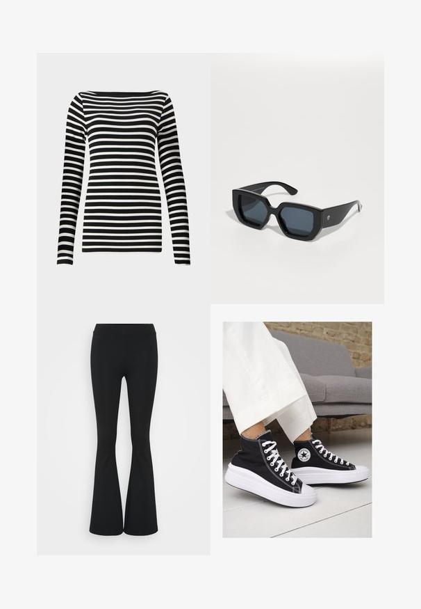 Fekete-fehér csíkos, hosszú ujjú póló, széles nyakkivágással, sima, rugalmas anyagon elhelyezett egyenletesen elosztott vízszintes csíkokkal.; Fekete harangszárú nadrág, rugalmas anyagból készült, magas derékkal és sima felülettel. A nadrág a térdtől kezdve bővül.; Fekete vászon magas szárú tornacipők fehér gumitalppal és fűzővel. Az oldalon egy kör alakú logó található, és kontrasztos fehér varrásokkal rendelkezik.; Fekete, oversized napszemüveg geometrikus mintával, téglalap alakú lencsékkel és fényes felülettel. Az elülső részén nincs látható márkajelzés.