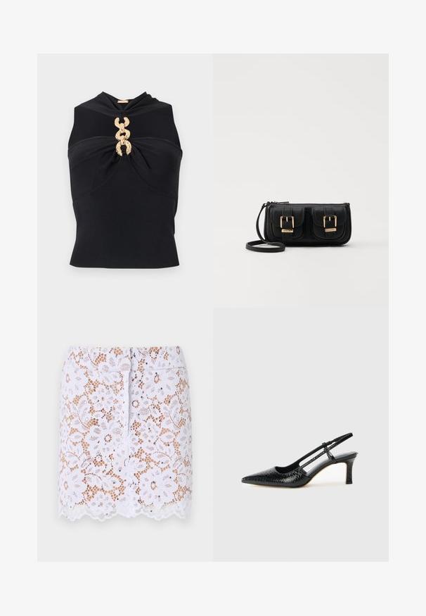 Black sleeveless top with a twisted front design, featuring a gold chain accent at the center and ribbed texture throughout.; White lace skirt with floral pattern, scalloped hem, and discreet embellishments. Features a fitted design and concealed back zipper.; Black patent slingback heel with a pointed toe, featuring textured snake print, adjustable strap, and a short, textured block heel.; Black leather crossbody bag with two front pockets, gold buckles, zipper closure, and a slim strap. Textured surface and compact rectangular shape.