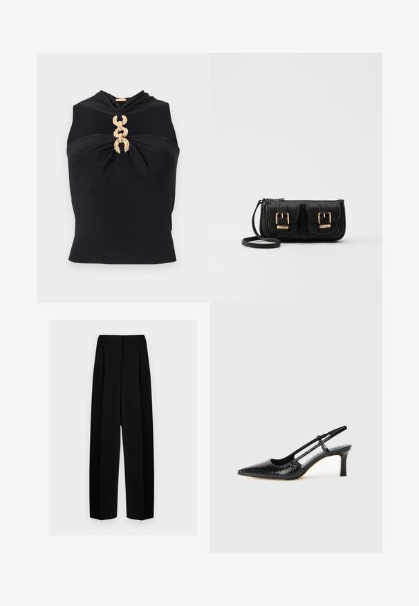 Μαύρη αμάνικη μπλούζα με σχέδιο στριφογυριστού μπροστά, που διαθέτει χρυσή αλυσίδα στη μέση και ριμπ υφή σε όλη την επιφάνεια.; Μαύρο παντελόνι με φαρδιά πόδια και ψηλή μέση, διακοσμημένο με πτυχώσεις και απαλό υφή. Το ύφασμα φαίνεται ελαφρύ και κρέμεται με κομψότητα.; Μαύρη πατέντα σλινγκμπάκ γόβα με μυτερή μύτη, διαθέτει υφή από φίδι, ρυθμιζόμενο λουρί και κοντή, υφή τετράγωνη φτέρνα.; Μαύρη δερμάτινη τσάντα ώμου με δύο μπροστινές τσέπες, χρυσά κούμπωματα, κλείσιμο με φερμουάρ και λεπτό λουρί. Υφή επιφάνειας και κομψό ορθογώνιο σχήμα.