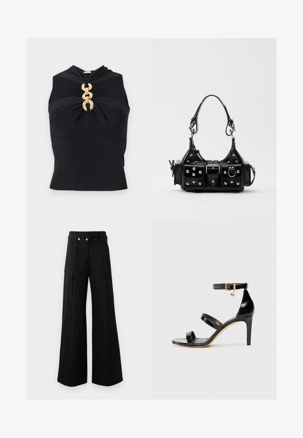 Black sleeveless top with a twisted front design, featuring a gold chain accent at the center and ribbed texture throughout.; Black wide-leg pants with a high waistband, featuring large side pockets, two front buttons, and a loop detail. Made from sturdy fabric.; Black patent leather sandal with three straps, ankle buckle, and 4-inch stiletto heel. Features gold hardware detail and logo charm.; Black leather handbag with a curved design, featuring silver studs, a buckle, and two side pockets. Adjustable strap for carrying options.