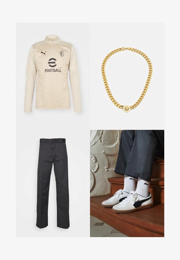 Puma AC MILAN PREMATCH 1/4 ZIP - Klubiriided - putty/prairie tan; Mustadest kangast püksid, mis on valmistatud vastupidavast materjalist, sirge jala disainiga, vöökoha jaoks nööbid ja õmblused lisatekstuuri saavutamiseks.; Puma tossud valgest ja mustast südamikust, millel on pruun kummi tall. Kombineeritud valgete sokkidega, millel on must logo, kantud tumedate pükstega.; Kuldne kett kaelakee suurte omavahel ühendatud linkidega, mille keskel on ringikujuline ripats, millel on kõrgendatud emblem.