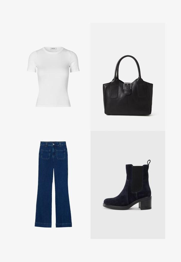 White short-sleeve t-shirt made of ribbed cotton fabric. Fitted design with a crew neckline and a smooth texture. No patterns or embellishments.; Denim flared jeans in dark blue with a smooth texture, five-pocket design, and a button closure at the waist.; Navy blue suede ankle boot with elastic side panel, rounded toe, and block heel. Textured fabric and smooth sole add contrast.; Black leather tote bag with smooth texture, structured shape, two handles, and a prominent silver buckle detail on the front.