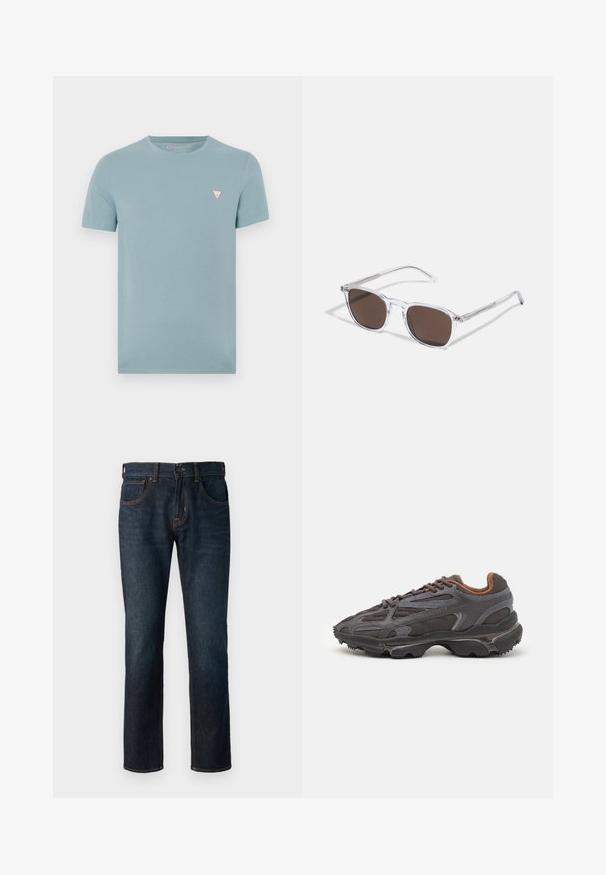 Svijetloplava majica kratkih rukava od mekane pamuka. Ima mali trokutasti logotip u crvenoj i bijeloj boji na lijevoj strani prsiju.; Tamno plave traperice ravnog kroja. Karakteristike uključuju zatvaranje na dugme i patentni zatvarač, pet džepova i kontrastne šavove.; Lacoste tenisice u tamno sivoj boji s mrežastim i sintetičkim materijalom, s teksturiranom potplatom i smešnim akcentima na ovratniku i brandiranju.; Prozirne sunčane naočale s pravokutnim smeškim lećama, koje imaju tanke, prozirne drške i metalne akcentne detalje na sljepoočnicama.