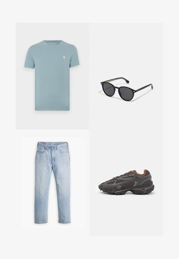 T-shirt azzurro chiaro a maniche corte realizzato in cotone morbido. Presenta un piccolo logo triangolare in rosso e bianco sul lato sinistro del petto.; Jeans in denim blu chiaro con design a gamba dritta, stile a cinque tasche e cuciture a contrasto. Chiusura con bottone e zip in vita.; Sneaker Lacoste grigie scure in materiale mesh e sintetico, con suola testurizzata e dettagli marroni sul colletto e sul branding.; BOSS Occhiali da sole - black