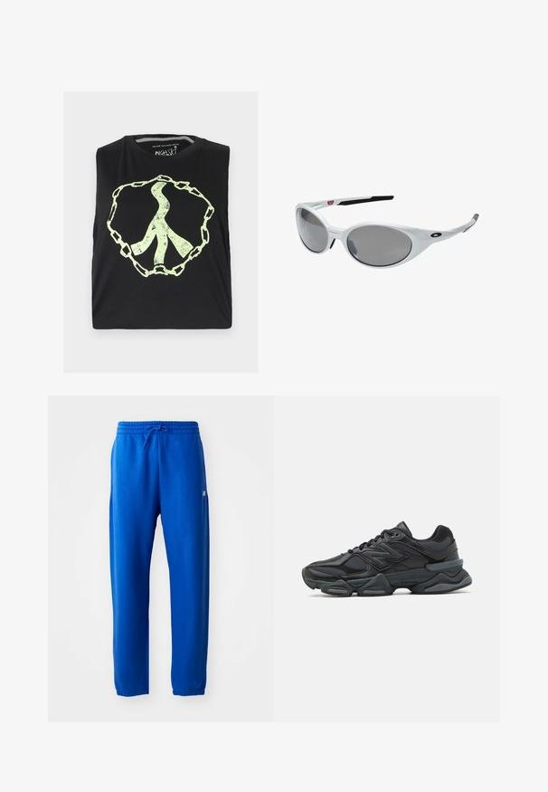 Sort ærmeløs crop top med et stort, abstrakt grønt fredstegn omgivet af et kædedesign, lavet af blødt stof.; Blå sweatpants lavet af blødt stof, med en elastisk talje med snøre, tætsiddende ben og en lille logo detalje på siden.; Sorte løbesko med en blanding af mesh og syntetiske materialer, kraftig sål, buet design og fremtrædende branding på siden.; Hvide plast solbriller med store ovale linser, gråtonede. Har sorte øre greb og et lille logo på rammen. Glat overflade.