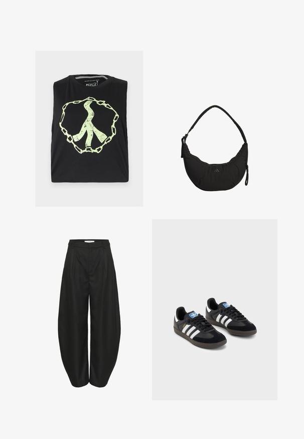 Czarna bezrękawnik z dużym, wyblakłym, jasnooliwkowym symbolem pokoju otoczonym wzorem łańcucha. Wykonany z miękkiej bawełny.; Czarne spodnie z wysokim stanem, szerokimi nogawkami, plisami, szlufkami na pasek oraz ukrytym zapięciem z przodu, zaprojektowane przez Gestuz.; Czarne sneakersy z zamszową i syntetyczną cholewką, wyposażone w trzy białe paski, teksturowaną gumową podeszwę oraz niebieską metkę z logo na języku.; Czarna torba na ramię o zaokrąglonym kształcie, z matowego materiału, z regulowanym paskiem i subtelnym logo. Posiada zamykaną na zamek kieszeń oraz teksturowane akcenty.