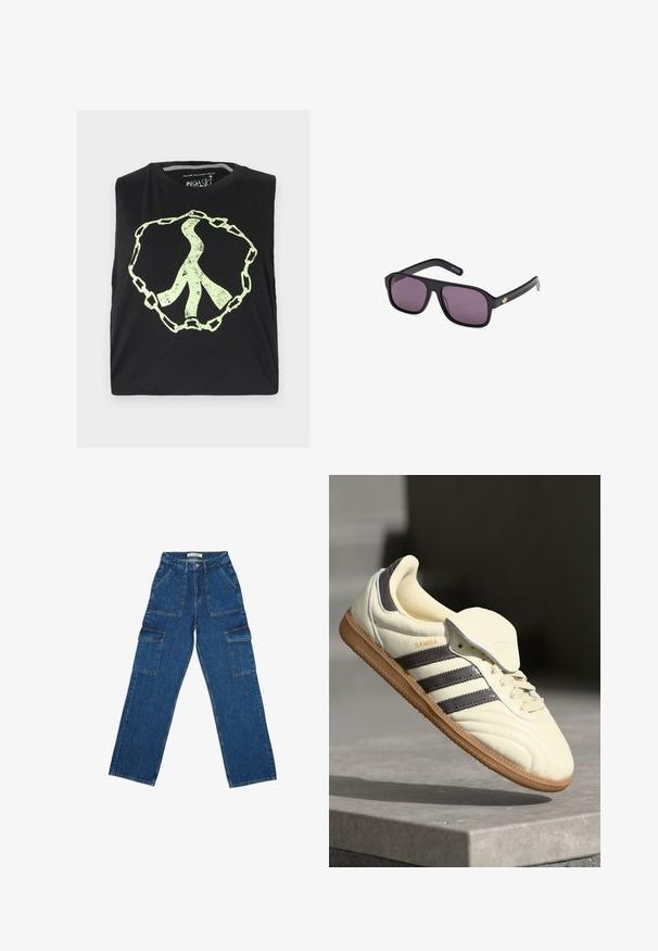 Black sleeveless shirt featuring a large, faded, light-green peace symbol enclosed in a chain design. Made from soft cotton fabric.; Wide-leg blue denim cargo pants with high waist, front pockets, and large side flap pockets, laid flat on white background.; Cream leather sneaker with three dark stripes, a brown gum outsole, and a rounded toe. Features a foldable tongue labeled "SAMBA."; Black sunglasses with a square frame, dark lenses, and a gold logo accent on the arm. Smooth plastic material with a matte finish.