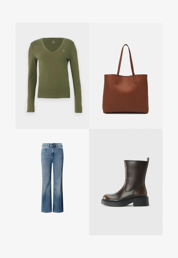 Pika süsiniku rohelises puuvillas pikkade varrukatega V-kaelusega t-särk, millel on slim fit ja väike logo rinna peal. Sile tekstuur ja minimaalne disain.; Sinine denimist valmistatud kõrge talje ja laia jala disainiga teksad, millel on pleekinud pesu. Omavad klassikalist viit taskut ja eesmine nupukinnitus.; Tumed pruun keskpäka nahast saabas, millel on ümar varvas, paks must talla, madal plokk talle ja tõmmits taga.; Pruun nahast tote-kott, millel on sile tekstuur, avatud ülaosa disain ja kaks õlarihma. Omab minimaalset õmblust ja nähtavat riistvara ei ole.