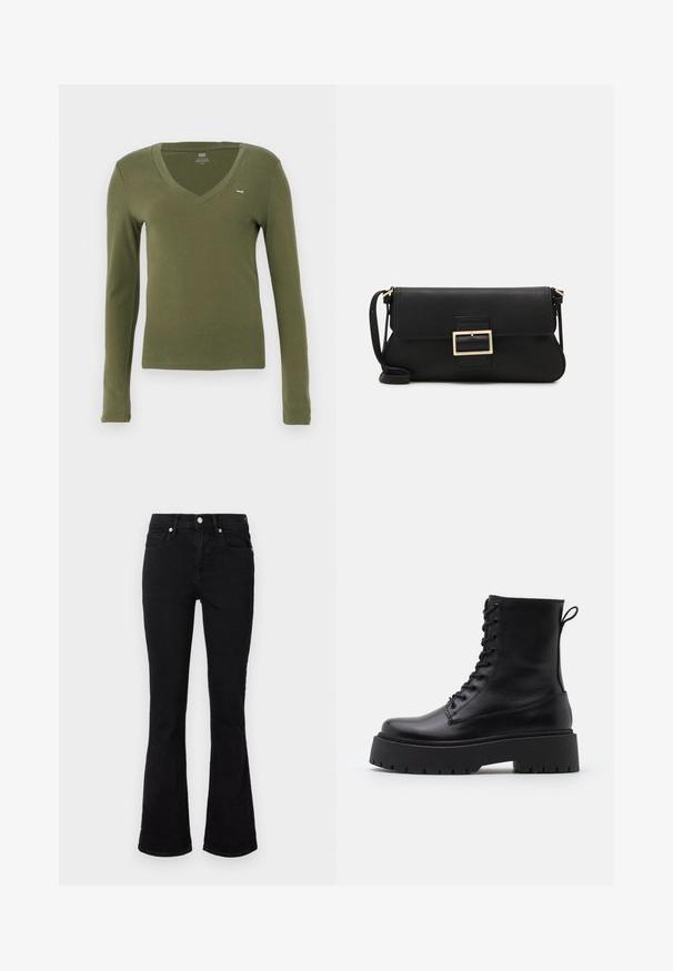 Tricou cu mânecă lungă și decolteu în V, din bumbac verde măsliniu, cu un croi slim și un logo mic pe piept. Textură netedă și design minimalist.; Jeanși negri evazați din denim, cu talie medie, buzunare frontale și închidere cu nasture. Textură netedă, cu detalii minime de cusătură.; Botine din piele neagră, până la gleznă, cu vârful rotund, șireturi în față și o talpă groasă din cauciuc cu un model texturat. Fâșie de tragere la spate.; Geantă de mână din piele neagră, cu clapetă și un detaliu din metal auriu. Include o curea neagră și un design elegant, minimalist.