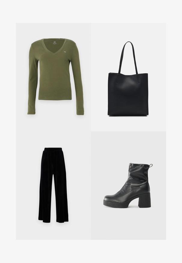 Langärmeliges V-Ausschnitt-T-Shirt aus olivgrünem Baumwollstoff mit schlanker Passform und kleinem Logo auf der Brust. Weiche Textur und minimalistisches Design.; Schwarze weit geschnittene Hose aus weichem Samt, mit einem elastischen Bund und einer glatten Textur, ohne sichtbare Details oder Muster.; Schwarze Stiefeletten aus glattem Leder mit seitlichem Reißverschluss, klobigem strukturiertem Absatz und runder Zehenform.; Schwarze Laptoptasche aus Leder mit glatter Textur, rechteckiger Form und zwei langen Griffen. Keine sichtbaren Beschläge oder Verzierungen.