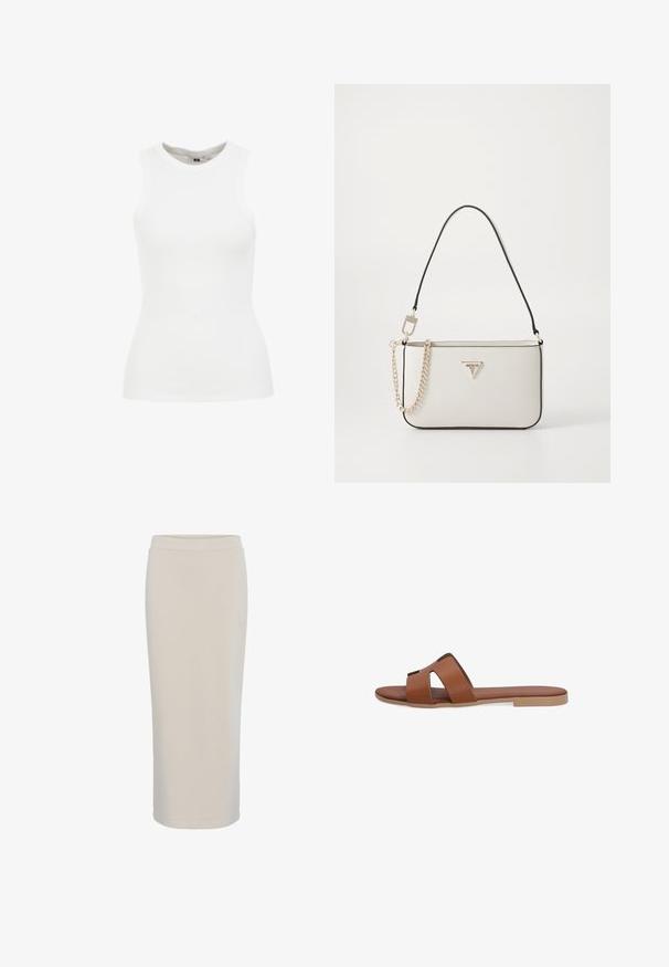 WE Fashion SINGLET - Top - white; Beige, knie-lange rok gemaakt van zachte, rekbare stof. Heeft een eenvoudige elastische tailleband en een rechte silhouet zonder zichtbare patronen.; Bruine leren slide sandaal met twee brede banden met uitsparingen, platte zool en een gladde textuur. Modern, minimalistisch ontwerp.; Witte gestructureerde handtas met een zwarte rand, voorzien van een gouden schouderband, een afneembare schouderriem en een driehoekige logo-accent.; Gouden rechthoekige polshorloge met een minimalistisch ontwerp, voorzien van een crèmekleurige wijzerplaat, gouden wijzers en een metalen schakelband. Merktekens bevatten de merknaam.