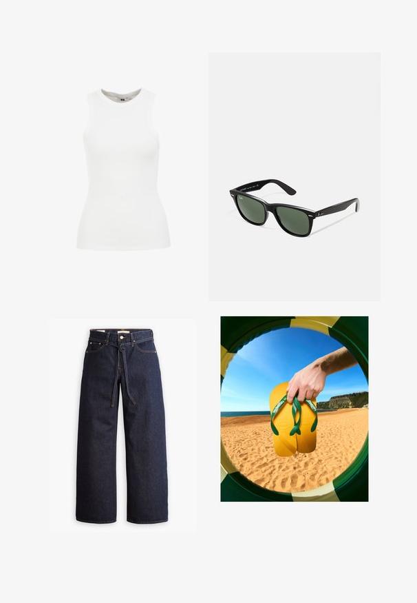 WE Fashion SINGLET - Felső - white; Széles lábú, sötétkék farmernadrág magas derékkal, húzózsinórral, öt zsebbel és kontrasztos varrással.; Sárga flip-flop papucsok zöld pántokkal és texturált talppal, amelyeket egy kéz tart, kör alakú keretből nézve, tengerparti háttérrel.; Fekete műanyag napszemüveg zöld lencsékkel, négyzet alakú kerettel, ezüst díszítéssel a keret felső részén, valamint texturált szárakkal. A márka neve a belső száron található.; Fekete válltáska két hosszú fogantyúval, cipzáras tetejével és egy kis zöld krokodil logóval a fogantyúk alatt középen.