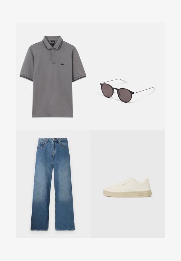 Camisa polo cinza de manga curta com acabamento preto nos colarinhos e nas mangas, com placket abotoado e pequeno logo A|X preto no lado esquerdo do peito.; Calças de ganga azul de perna larga, apresentando um design clássico de cinco bolsos, fecho frontal com botão e um leve desbotamento para texture.; Ténis de tela brancos com sola de borracha texturizada, apresentando uma biqueira cosida e um detalhe com o logótipo no calcanhar. Design simples com atacadores.; Óculos de sol redondos pretos com lentes escuras e hastes metálicas finas. Inclui pontas de templo transparentes e detalhes em prata na dobradiça. Design minimalista.