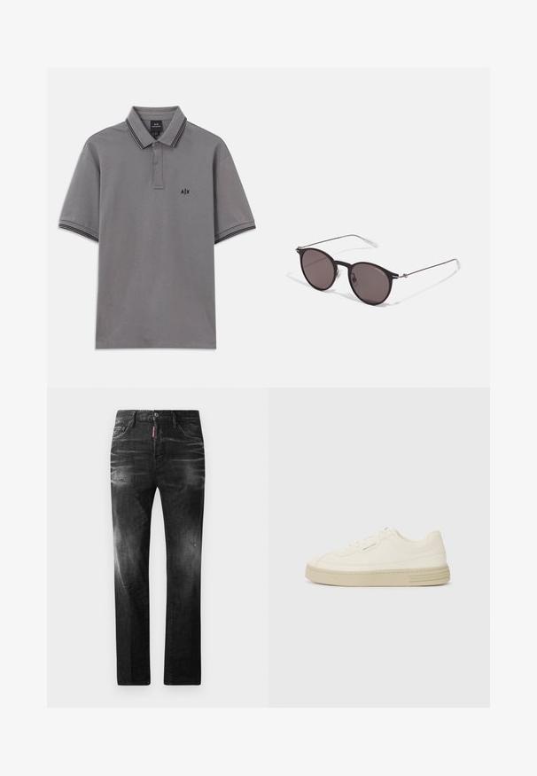 Hallhalli lühikeste varrukatega polo särk musta ääristusega krae ja varrukatel, nööpide rida ees, ning väike must A|X logo vasakul rinnal.; Mustad denim püksid otse lõikega. Omavad kulunud piirkondi, väikseid kahjustusi, klassikalist viit taskut ning nööpkinnitust.; Valged kangast spordijalatsid tekstureeritud kummist tallaga, tükkide õmblusega varbakaitsme ja logo rõhuasetusega kandmisel. Lihtne lipsuga disain.; Mustad mustad prillid tumedate läätsedega ja õhukeste metallist käepidemetega. Kaarja kujuga seljaosa ja hõbedased aktsendid hingel. Minimalistlik disain.