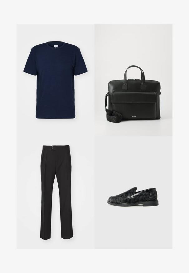 T-shirt bleu marine à manches courtes avec un col rond, fabriqué en tissu doux, présentant une texture lisse et un design simple sans motifs.; Pantalons noirs ajustés avec une coupe droite, deux poches avant et une fermeture à double bouton à la taille. Tissu au toucher lisse.; Chaussure slip-on tissée noire avec un accent en cuir lisse sur le dessus, un design à bout rond et une semelle en caoutchouc à profil bas.; Malette en cuir noir avec des poignées supérieures doubles, une poche avant et une bandoulière amovible, arborant un logo discret en bas.