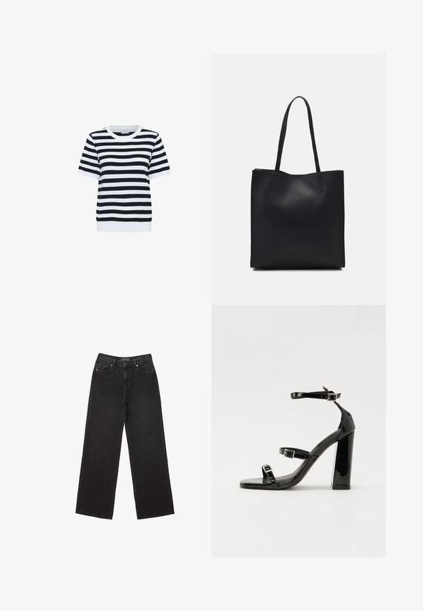 Black and white striped short-sleeve top with a crew neck and a ribbed hem, made of a soft, smooth fabric.; Black wide-leg jeans made of denim, featuring small dotted patterns, classic five-pocket design, and a button and zip fly closure.; Black patent heeled sandals with a square toe, ankle straps, and silver buckles. Features a chunky block heel for stability.; Black leather tote bag with smooth texture, rectangular shape, and two long handles. No visible hardware or embellishments.