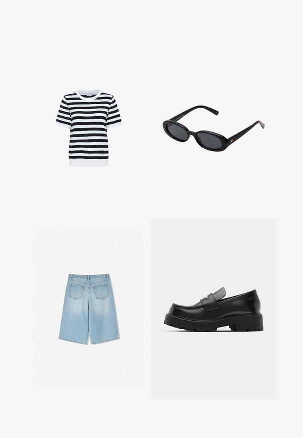 Top a righe bianche e nere con maniche corte, collo rotondo e orlo a coste, realizzato in un tessuto morbido e liscio.; Shorts in denim blu chiaro con una vestibilità rilassata, dotati di due tasche posteriori e design a gamba dritta. Orlo pulito e texture morbida.; Mocassini in pelle nera con suola spessa e texture, dotati di una fascia sulla parte anteriore e una finitura liscia e lucida.; Occhiali da sole neri oversize con lenti ovali, montatura in plastica liscia e accenti dorati sulle tempie. Le lenti scure offrono protezione dal sole.