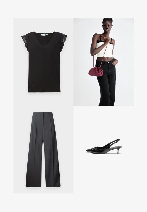 Melna V-veida topa blūze ar īsām mežģīņu piedurknēm un gludu tekstūru. Vienkāršs dizains ar brīvu piegriezumu un bez papildu rotājumiem.; Platās kājas bikses tumši pelēkā audumā, ar augstu jostasvietu, ar vienu uzpūstu vīli un gludu tekstūru ar tīru apdari ap malām.; Melni ādas sandales ar norādītu pirkstu, mazu kaķa papēdi un dekoratīvu mezglu detaļu priekšā. Gluda tekstūra visā virsmā.; Burgundijas mīkstas auduma soma ar sakoptu dizainu un garu siksnu, nēsāta uz krūšu. Modelis valkā baltu piegriezuma topu un melnas džinsus.