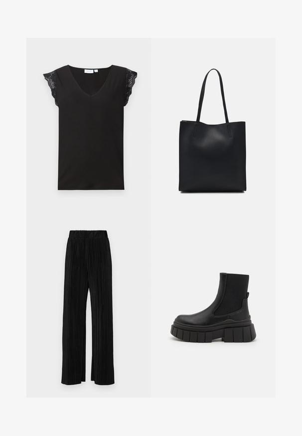 Top preto com decote em V, mangas curtas em renda e textura suave. Design simples com corte solto e sem embellishments adicionais.; Calças pregueadas pretas com uma cintura elástica. Apresentam pernas largas e um tecido liso, texturizado com riscas verticais.; Botas pretas até ao tornozelo, feitas de couro liso, com painéis laterais elásticos, uma sola de plataforma robusta e um design de piso texturizado.; Bolsa tote preta em couro com textura lisa, forma retangular e duas alças longas. Sem hardware ou enfeites visíveis.