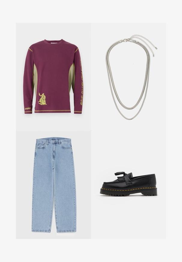 Dlouhá rukávová košile v bordó barvě se žlutými akcenty, s grafickým potiskem a bočními panely z síťoviny pro texturu a prodyšnost.; Světle modré džíny s rovnými nohavicemi, středním pasem, pěti kapsami a zapínáním na knoflík a zip.; Černé kožené mokasíny s třásněmi, se silnou černou podrážkou a žlutým prošíváním podél okraje. Texturovaný povrch.; Vícevrstvý stříbrný kovový náhrdelník s elegantními, flexibilními řetízky s jemným leskem, zabezpečený karabinkou a nastavitelným řetízkem.