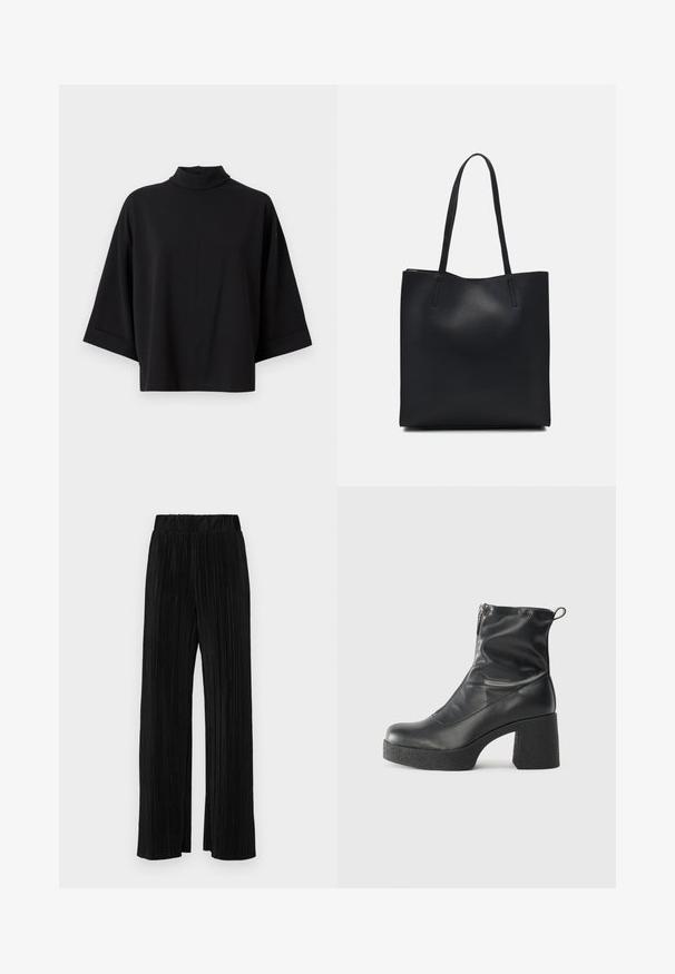 JDY JDYGEGGO LIFE 3/4 HIGHNECK JRS DIA - Blusa - black; Calças pregueadas pretas com uma cintura elástica. Apresentam pernas largas e um tecido liso, texturizado com riscas verticais.; Botas de tornozelo pretas feitas de couro liso, com fecho lateral, salto grosso texturizado e design de bico arredondado.; Bolsa tote preta em couro com textura lisa, forma retangular e duas alças longas. Sem hardware ou enfeites visíveis.