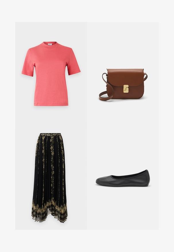 Korallefarbene Baumwoll-T-Shirt mit kurzen Ärmeln, rundem Halsausschnitt und sauberem, ungemustertem Design. Glatte Textur mit normaler Passform.; Schwarzer plissierter Rock mit floraler Stickerei in Gold- und Grüntönen, mit einem dekorativen Bund und einem fließenden, asymmetrischen Saum.; Schwarze Leder-Ballettschuhe mit abgerundeter Spitze, glatter Textur, minimalen Nähdetails und einem flexiblen Sohlen-Design.; Braune Ledertasche mit Klappenverschluss, Beschlägen in Goldfarbe, einem Schultergurt und einer glatten Oberfläche. Kompakte rechteckige Form.