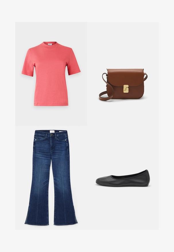 Koraline lühikeste varrukatega puuvillane T-särk, ümmarguse kaelusega ja puhta, ilma mustrita disainiga. Sile tekstuur ja tavaline lõike.; Tumedat sinised laiad teksad, mis on valmistatud denimist. Omavad kõrget vööd, eesmine taskud ja lõhikud hemmi juures. Klassikaline viie-tasku disain.; Musthave mustika tantsutossud mustast nahast, ümmarguse varbaga, siledast tekstuurist, minimaalse õmblusdetailiga ja paindliku tallakujundusega.; Pruunist nahast käekott, millel on klapiga sulgur, kuldne riistvara, õlarihm ja sile tekstuur. Kompaktne ristkülikukujuline vorm.