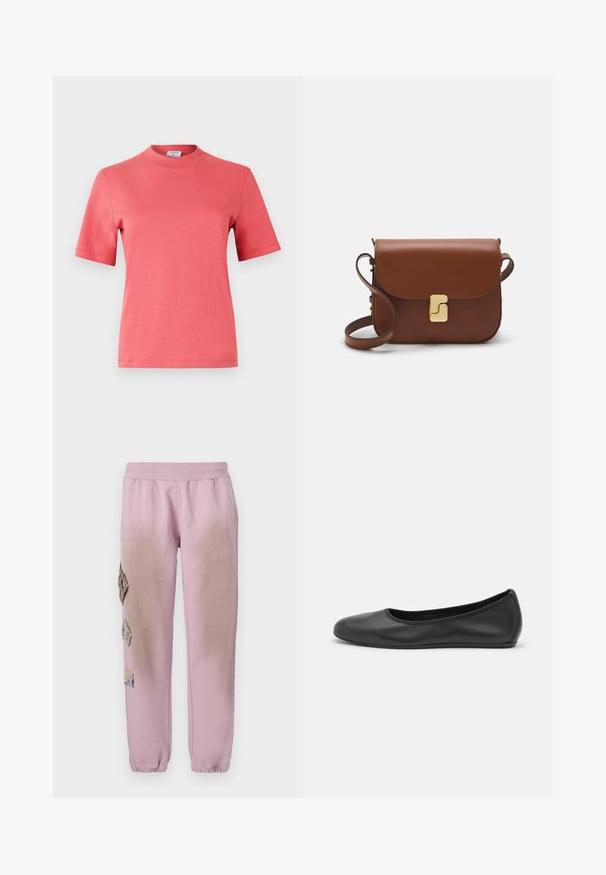 Korallefarbene Baumwoll-T-Shirt mit kurzen Ärmeln, rundem Halsausschnitt und sauberem, ungemustertem Design. Glatte Textur mit normaler Passform.; Rosa Sweatpants mit elastischem Bund, verziert mit dekorativen Patches in Diamantform auf der linken Seite und elastischen Bündchen an den Knöcheln.; Schwarze Leder-Ballettschuhe mit abgerundeter Spitze, glatter Textur, minimalen Nähdetails und einem flexiblen Sohlen-Design.; Braune Ledertasche mit Klappenverschluss, Beschlägen in Goldfarbe, einem Schultergurt und einer glatten Oberfläche. Kompakte rechteckige Form.