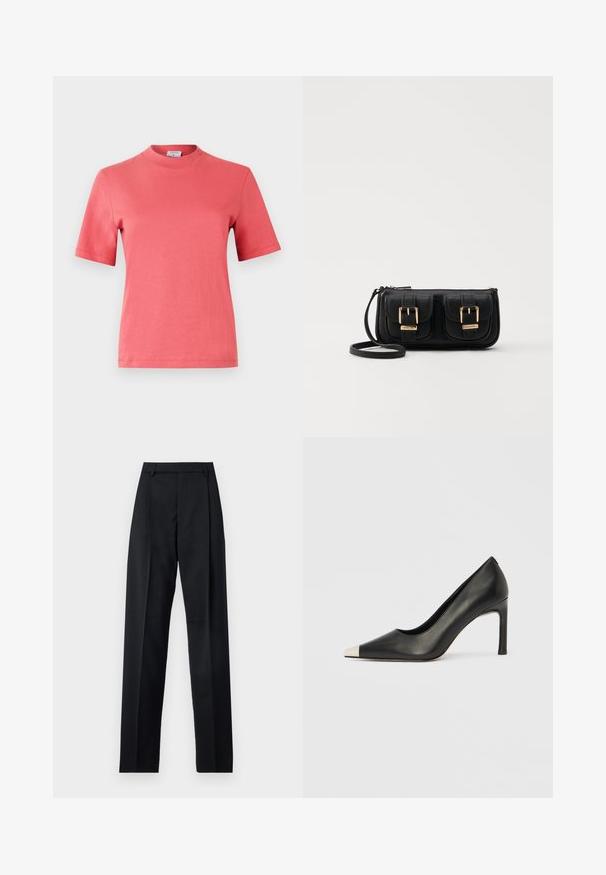 Coral short-sleeve cotton t-shirt with a round neckline and clean, non-patterned design. Smooth texture with a regular fit.; Black trousers made from smooth fabric featuring a high waist, wide legs, front pleats, and classic belt loops. No side pockets visible.; Black leather high heel shoe with a pointed toe and a metallic silver cap. Features a smooth finish and a slender 10 cm heel.; Black leather crossbody bag with two front pockets, gold buckles, zipper closure, and a slim strap. Textured surface and compact rectangular shape.
