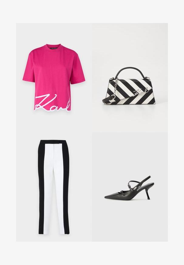 KARL LAGERFELD OVERSIZED SIGNATURE HEM - Jednoduché tričko - very berry; Černé a bílé zúžené kalhoty v slim fit střihu s kontrastními panely. Materiál má hladkou texturu; pas je plochý a upnutý.; Černé kožené lodičky na boku s špičatou špičkou, štíhlým podpatkem a dekorativní přezkou na nártu. Hladká textura a elegantní design.; Černo-bílá pruhovaná kabelka se strukturovaným tvarem, vybavená horní rukojetí, odnímatelným řetízkem a kovovým logem.