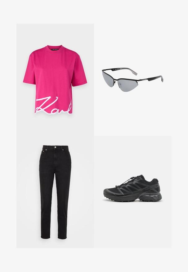 KARL LAGERFELD OVERSIZED SIGNATURE HEM - Pamata T-krekls - very berry; Melnas augstākā vidukļa slaidu džinsus ar priekšējo pogu, jostu cilpām un piecu kabatu dizainu uz baltā fona.; Melna skrienošā apava ar sietveida un sintētisku augšdaļu, elastīgu zoli un elastīgām šņorēm. Iekļauta mīkstināta starpzole komfortam.; Melni saulesbrilles ar leņķisku, kaķa acs dizainu. Sudrabaini spoguļojoši objektīvi. Plāni, viegli plastmasas rāmji ar diskrētu zīmola marķējumu uz tempļiem.