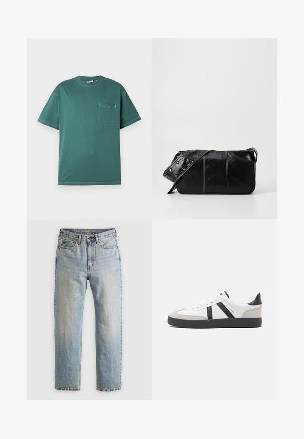 Tirkizna kratka majica s kratkimi rokavi z belimi šivi in žepom na levi strani, prikazana na enostavni beli podlagi.; Svetlo modri džins hlače z visokim pasom, sprednjim gumbom, zadrgo in petimi žepi, laid flat na nevtralni podlagi.; Bela športna obutev z črnimi in sivo akcenti, z teksturirano sivo kapico za prste, črnim gumijastim podplatom in ravnimi belimi vezalkami. Čista zasnova, minimalistični slog.; Črna usnjena torba za ramo z zadrgo, ki ima teksturirano telo, belo šivanje in trak s srebrnimi luknjami.