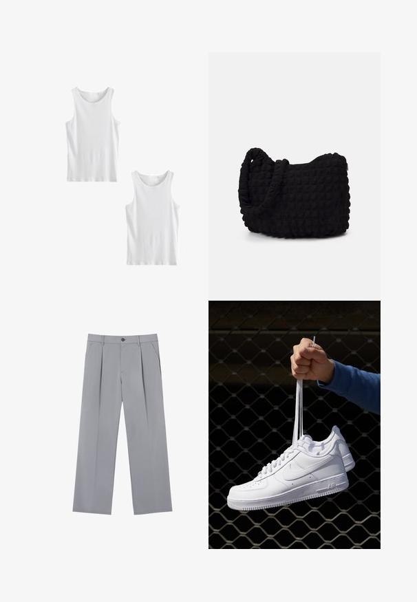 Next TWO PACK - Top - white ribbed; Šedé skládací kalhoty s volným střihem, vyrobené z lehkého materiálu. Obsahují přední kapsy a knoflíkovou uzávěrku v pase.; Bílé kožené tenisky s perforacemi, kulatou špičkou, plochou podrážkou a silnými tkaničkami, které mají viditelné logo swoosh a nápis "AIR" na patě.; Černá látková taška s texturovaným, prošívaným vzorem. Zaoblený tvar, krátké, silné uchy a měkká, flexibilní struktura.