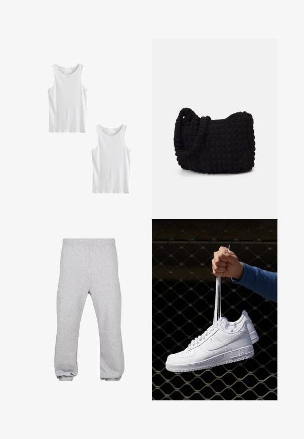 Next TWO PACK - Top - white ribbed; Pantaloni della tuta grigi realizzati in misto cotone, dotati di una vita elasticizzata, gambe affusolate e orli a costine. Design semplice senza motivi.; Sneakers in pelle bianca con perforazioni, punta rotonda, suola piatta e lacci spessi, con logo swoosh visibile e "AIR" sul tallone.; Borsa in tessuto nero con un motivo trapuntato e texture. Forma arrotondata, manici corti e spessi, e una struttura morbida e flessibile.