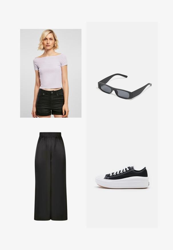Lyse lilla ribbet cropped top med off-shoulder design, korte ærmer, tætsiddende form, båret med høj talje sorte shorts.; Sorte brede bukser lavet af glat, skinnende stof med elastisk talje og uden synlige lommer eller hardwaredetaljer.; Sorte kanvas sneakers med hvide snørebånd, hvid gummitåhætte og en kraftig hvid mellemsål. Har diskret hvid syning og en gummisål.; Sorte rektangulære solbriller med mørke linser og tykke matte stel. Armen er let tilspidset med en glat overflade.