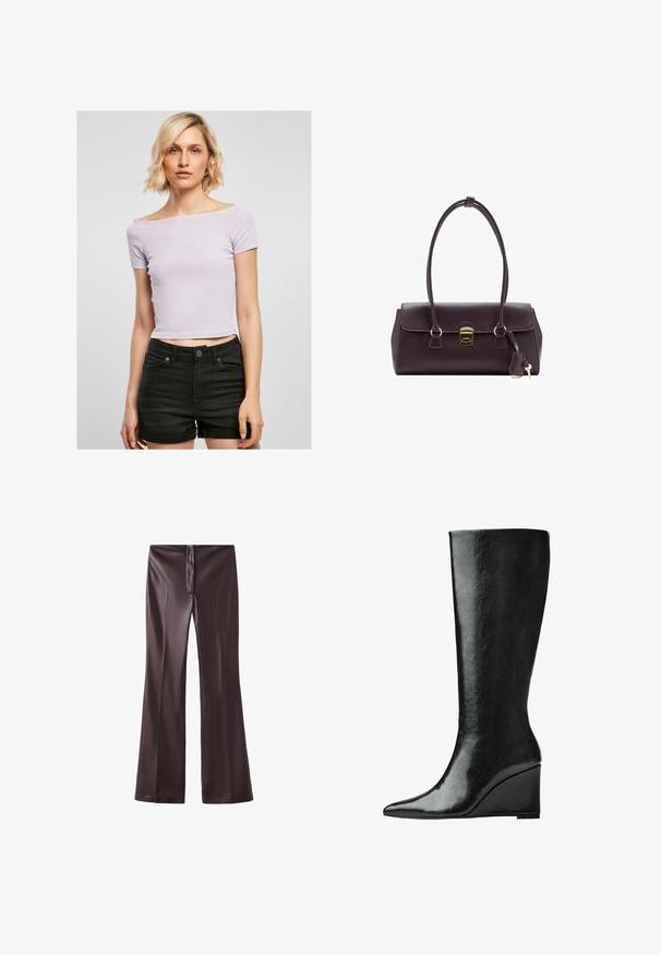 Svetlofialový priliehavý crop top s dizajnom bez ramienok, krátkymi rukávmi a priliehavým strihom, nosený s čiernymi šortkami s vysokým pásom.; Hnedé rozšírené nohavice z hladkej tkaniny s elegantným povrchom. Majú predný zips a čistý pás.; Čierne kožené topánky po kolená s úzkym, špicatým nosom a klínovým podpätkom. Povrch je hladký s lesklým povrchom.; Bordo kožená kabelka so štruktúrovaným dizajnom, krátkymi rukoväťami, zlatým obdĺžnikovým uzáverom a odnímateľnou strapcovou dekoráciou.