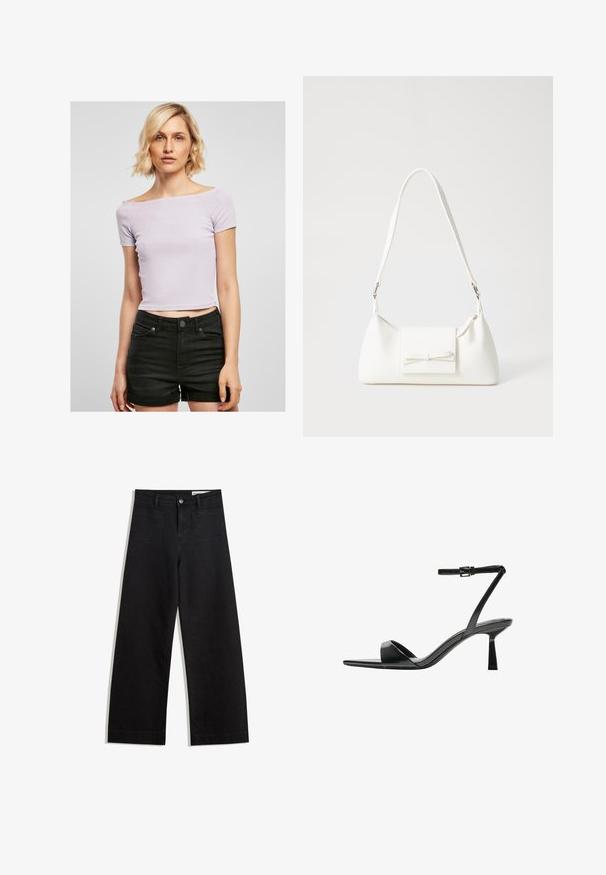 Lyse lilla ribbet cropped top med off-shoulder design, korte ærmer, tætsiddende form, båret med høj talje sorte shorts.; Sorte wide-leg denim bukser med høj talje, der har front- og baglommer, syede sømme og en knaplukning. Glat tekstur.; Bershka Højhælede sandaletter / Højhælede sandaler - black; Hvid syntetisk håndtaske med en trekantet form, flad forsideklap og sløjfedetalje, justerbar strop, glat tekstur og minimalistisk design.
