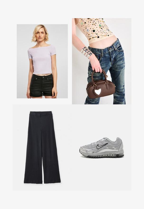 Világos lila bordázott crop top, váll nélküli kivágással, rövid ujjakkal, testhezálló fazonnal, magas derekú fekete sorttal párosítva.; Fekete bordás, bővülő szárú nadrág, elasztikus derékpánttal, síkban elhelyezve, fehér háttérrel.; Szürke Nike Air Max sportcipők, hálós és szintetikus felsőrész, hullám alakú dizájn, fekete kiegészítők és látható légpárnás talp.; Barna bőrtáska szív alakú kiegészítővel, kerekített formával, arany színű fémrészekkel; egy kézben tartva; elhasználódott farmernadrággal és gyöngyökkel díszített toppal párosítva.